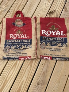 ROYAL BASMATI RICE 2 Empty Bags Tote Burlap/Jute Zip Sack Cloth Craft Decor