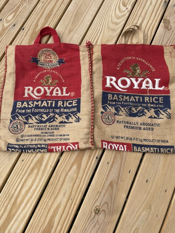 ROYAL BASMATI RICE 2 Empty Bags Tote Burlap/Jute Zip Sack Cloth Craft Decor