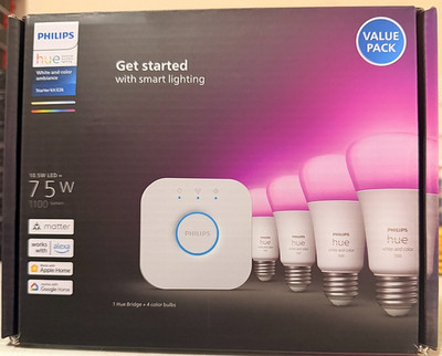 Philips Hue White and Color Ambiance A19 Bluetooth 75W Smart LED Starter Kit NEW
