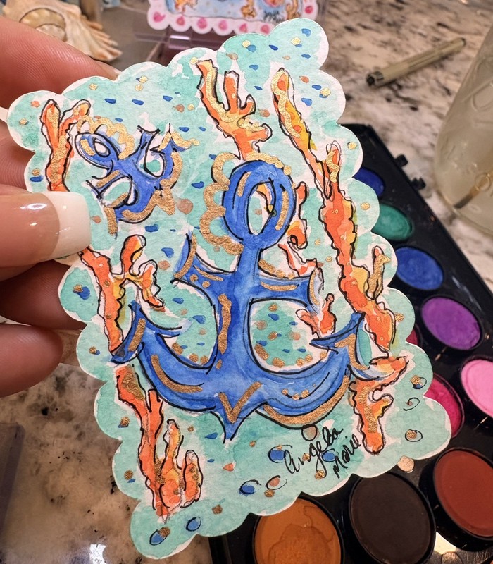 ACEO Original Watercolor Whimsical Anchor Art 3.5” x 2.5" by Angela Marie