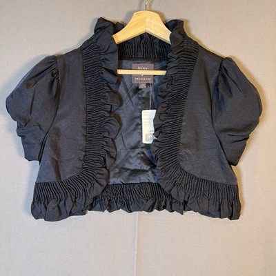 Y2K Womens Bolero Jacket Size L Black Ruffle Smocked Witchy Goth Vamp Victorian