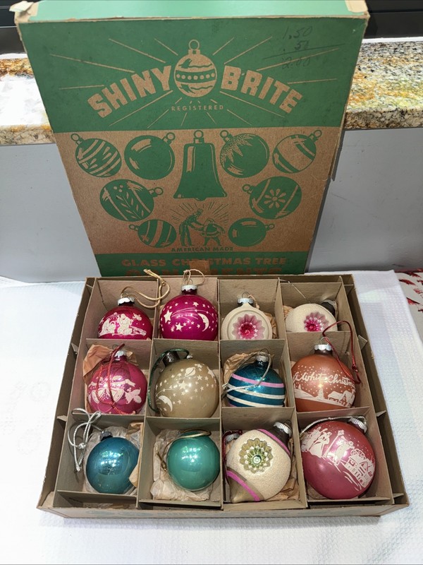Vintage Shiny Brite 12 Glass Christmas Tree Ornaments In Original Box