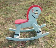 Vintage Cute Wooden Rocking Horse Child Size Toddler Rideable Blue and Red