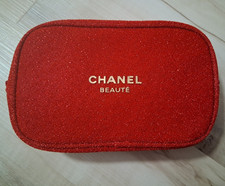 CHANEL Beaut Red Glitter Makeup Bag Zip Pouch Cosmetic Organizer