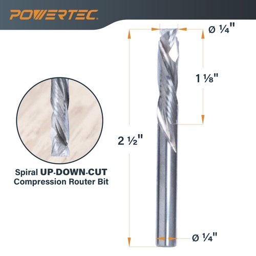 POWERTEC Tungsten Carbide Compression Spiral Router Bit 1/4" Shank x 1/4" Dia - Picture 2 of 7