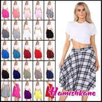 Womens Short Skater Skirt Plain Knee Length Ladies High Waist Flared Midi Skirts