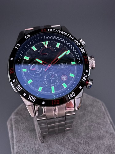 Orologio Automatico Uomo Aviatore pilota Acciaio 316L Nero Racing Tachimetro 45 - Foto 17 di 23