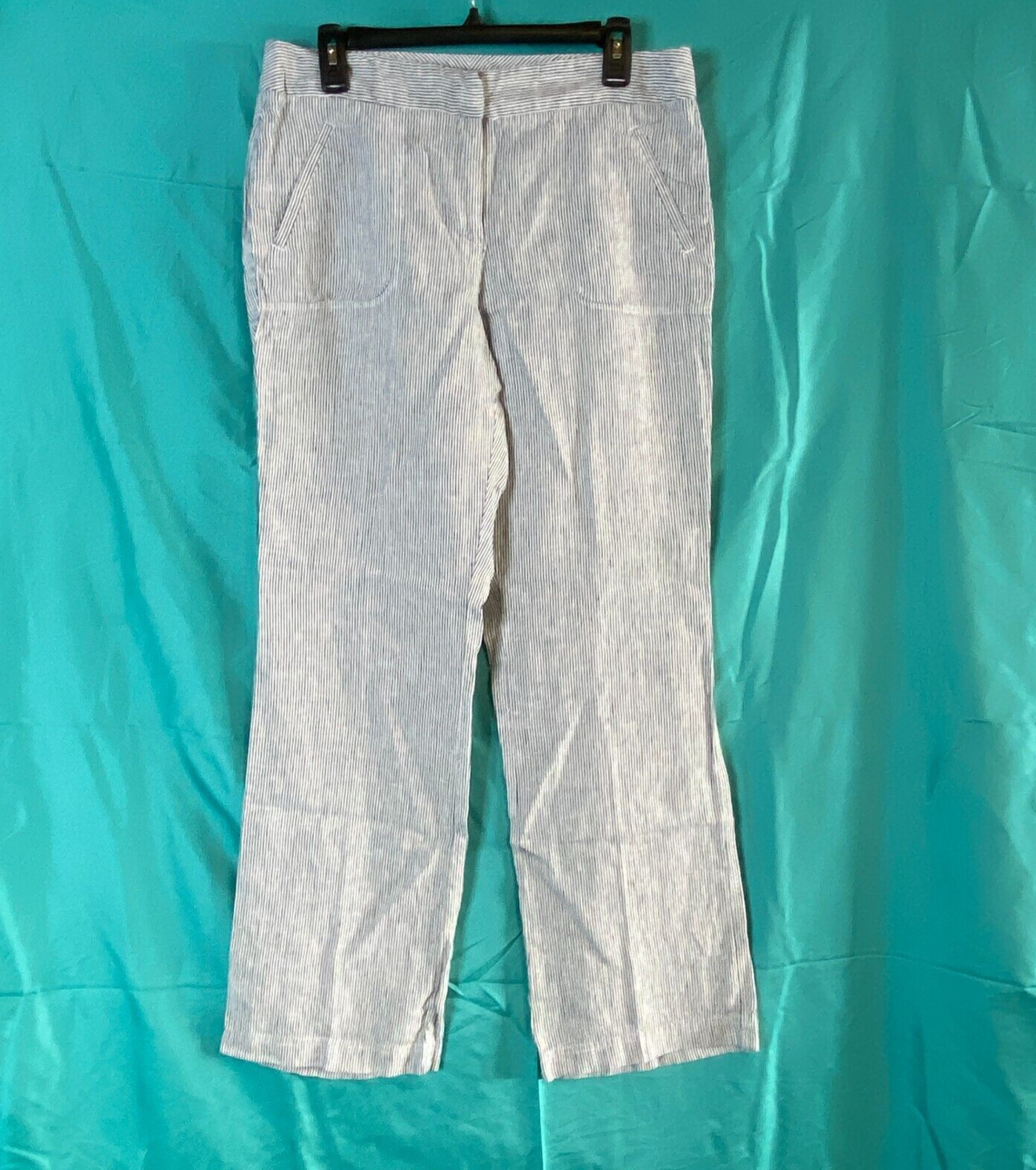 Chico's Pants Womens Size 1 32x31 Linen Seersucker Mid Rise Stripe Blue White