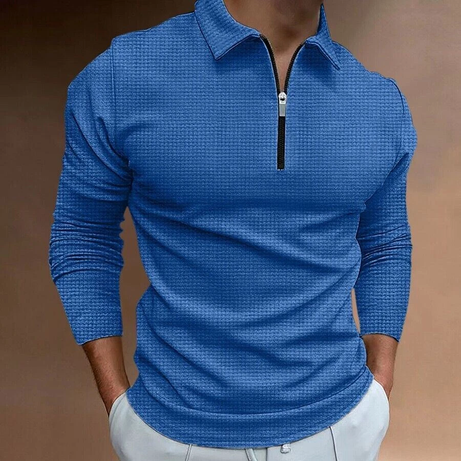 Polo Shirt Men s Zipper Collar Long Sleeve Solid Blue Golf Zip