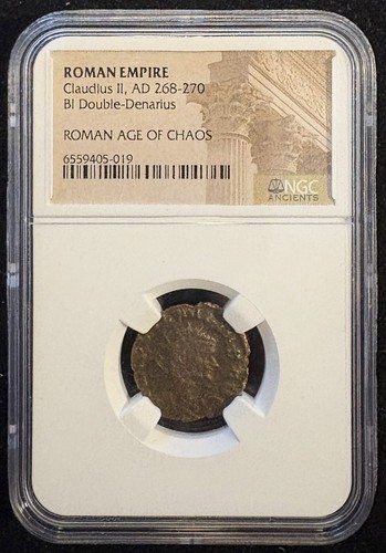 Antica moneta romana Claudio II 268-270 D.C., doppio denario certificato NGC originale - Foto 1 di 4
