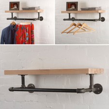 Pipe Clothes Rail Wall Mounted Garment Hanging Shelf Vintage Wooden Display Rack