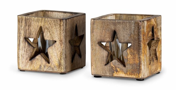 2Er Set Windlicht Stern 9Cm Mangoholz Teelicht Glaseinsatz Teelichthalter Kerze-image