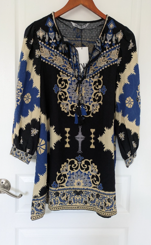 ZARA Blue Black Floral Cotton Tunic XS Tassel Embroidered Kaftan Top Boho Dress - Picture 2 of 18