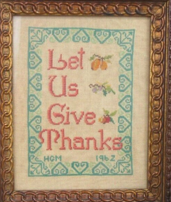 Antique Victorian Picture Frame Folk Art Needlepoint w Let Us Give Thanks
