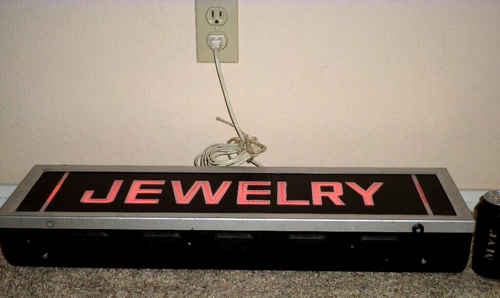 "JEWELRY"- RED WORD ILLUMINATED WINDOW SIGN METAL BOX [26" LONG x 7" TALL] VINT. - Picture 3 of 7