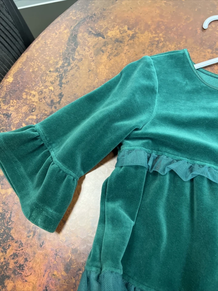 Hanna Andersson Girls Holiday Green Velour Ruff Long Sleeve Dress Size 110 - Image 3 of 4