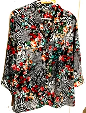 NY Collection Button Front Blouse Womans Size Large Animal Print/ Floral Flowing