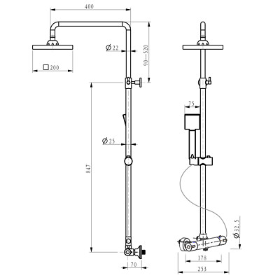 Bathroom House Square Thermostatic Shower Mixer Kit – Rigid Riser, Dual Valve, Chrome-438569