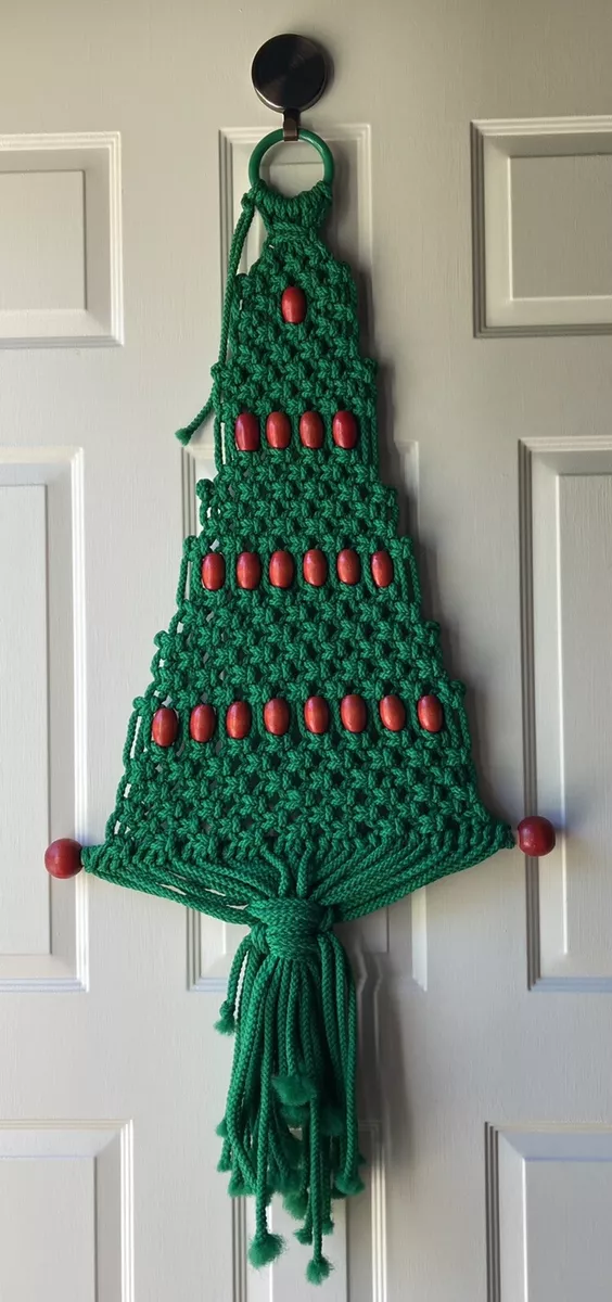 Vtg Handmade Macrame Christmas Tree Decor Door Wall Hanging Green ...