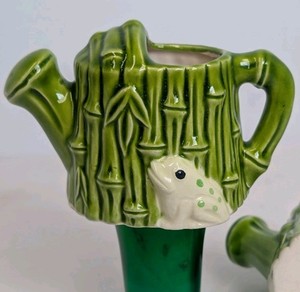 2 Vintage Ceramic Bamboo & Frog Watering Can Irrigation Spike Set