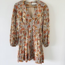Zimmermann Andie Mini Dress Sz 0 (8 AU / 4 US) Long Sleeves Blue Orange Floral V