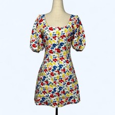 Rixo Women’s Linen Blend Floral Midi Dress Puff Sleeve Size 6 Cottage Prairie