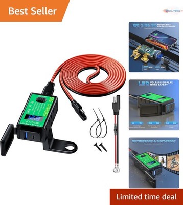 Motorcycle USB Charger 60W Dual USB-C QC3.0 VoltMeter Waterproof Mobile Phone
