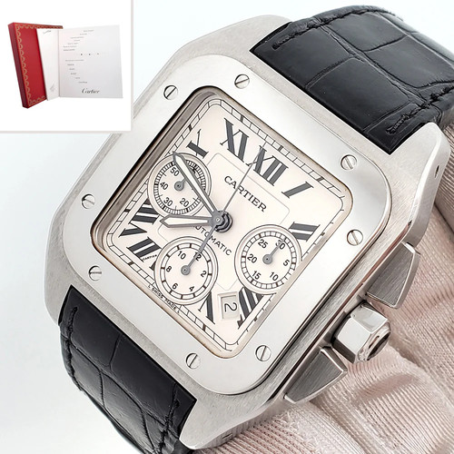 Cartier Santos 100 XL Chronograph White Roman Dial Steel Watch W20090X8