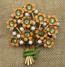 Amazing Vintage Flower Power Brooch Pin Rhinestone Faux Pearl Whimsical Bouquet 