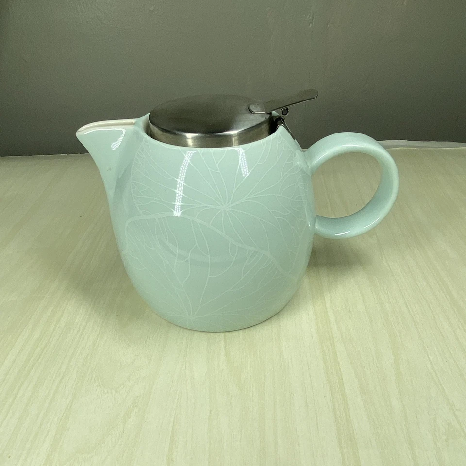 Tea Forte Pugg Ceramic 24 oz. Teapot Lotus Floral Pattern Water Lily Blue Green - Image 3 of 4