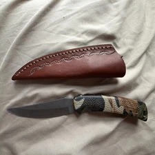 Buck 475 Camouflage Fixed  Blade Knife Rubber Handle W/Sheath USA Hunting 