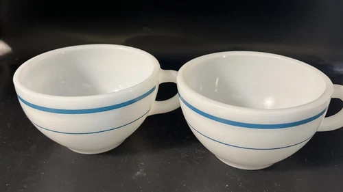Set Of 2 Anchor Hocking  917 Teal Blue Stripe Coffee Mug Cups