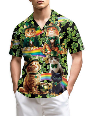 St Patricks Day Cat Hawaiian Shirt Cats Shamrock Aloha Shirt for Men Funny Irish