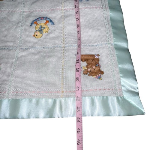 Vintage Handmade Blue Satin Trim Cross Stitch Animals Baby Blanket 27 X 44 Euc - Picture 3 of 6