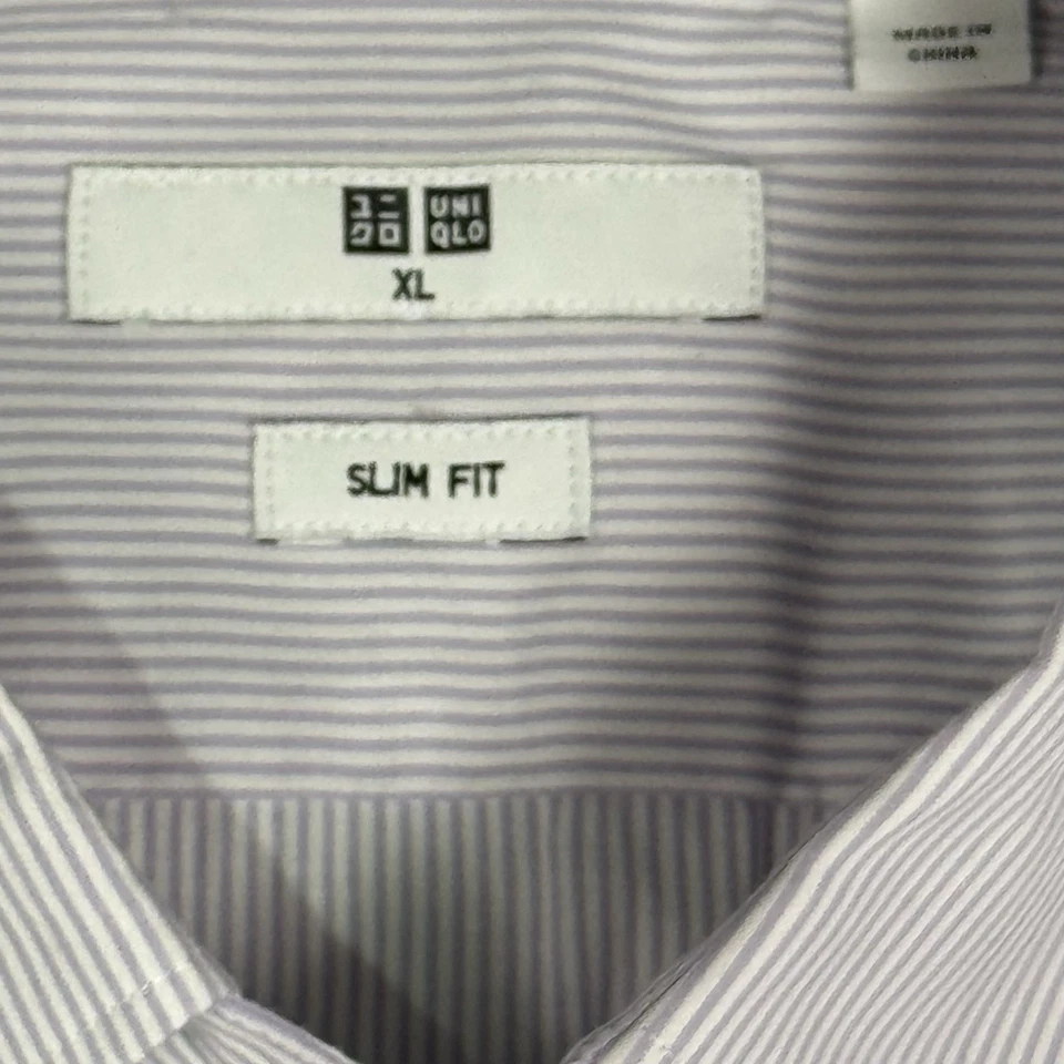 Camisa social masculina Uniqlo XL listra azul slim fit manga longa botão para cima - Imagem 3 de 4