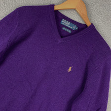 Polo Ralph Lauren Sweater Men's Medium Purple Lambs Wool Pullover V Neck Classic