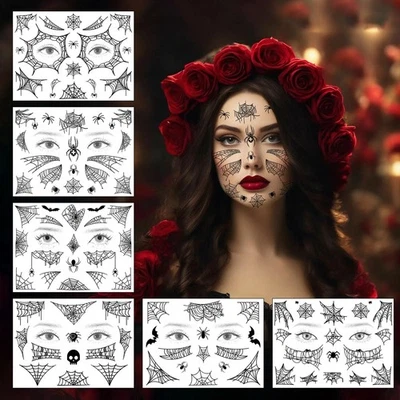 YIAJIA Halloween Face Stickers, 6 Sheets Make up Spider Tattoo for Adults Kids Women, W