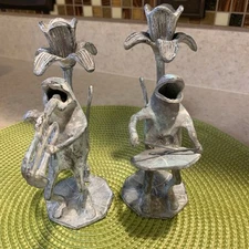 Green Patina Bronze Metal Singing Frog Drummer Drumming Candlestick Holder India