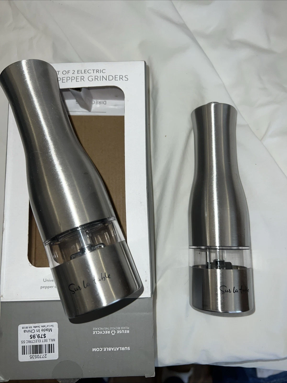 Sur La Table Set of Stainless Steel Electric Salt & Pepper Grinders Mill *NEW*