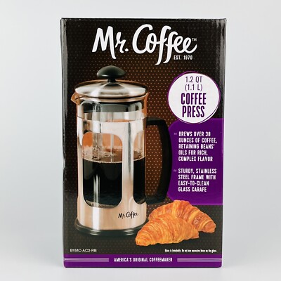 Mr. Coffee 1.2 QT Coffee Press French Press, Stainless Steel W/ Scoop Brand New