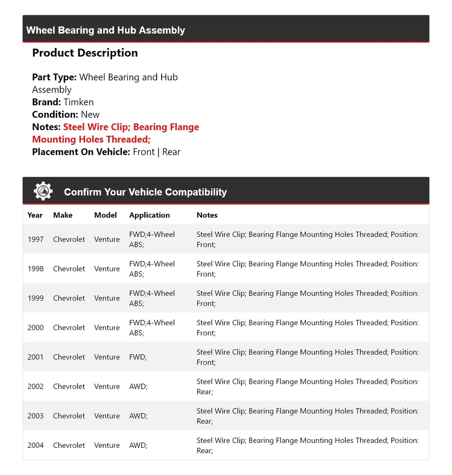 Conjunto de cojinete de rueda y buje Timken 1998 1999 para Chevrolet Venture 1997-2004 Foto 2 de 4