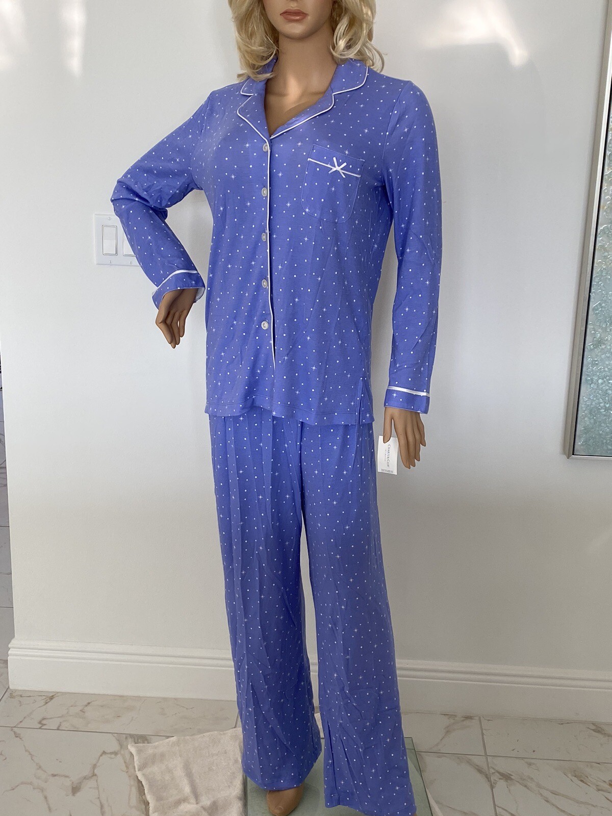 Pajamas Size Medium Blue/White Polka Dots LS&Leg 100% Cotton Brushed Knit NWT-image