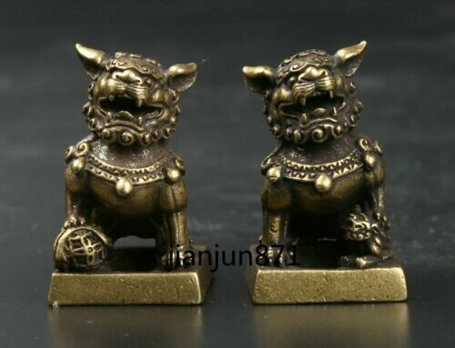 31MM Curio China Bronze Foo Fu Dog Guardion Lion Pair Small Seal Signet Statue - Picture 1 of 6