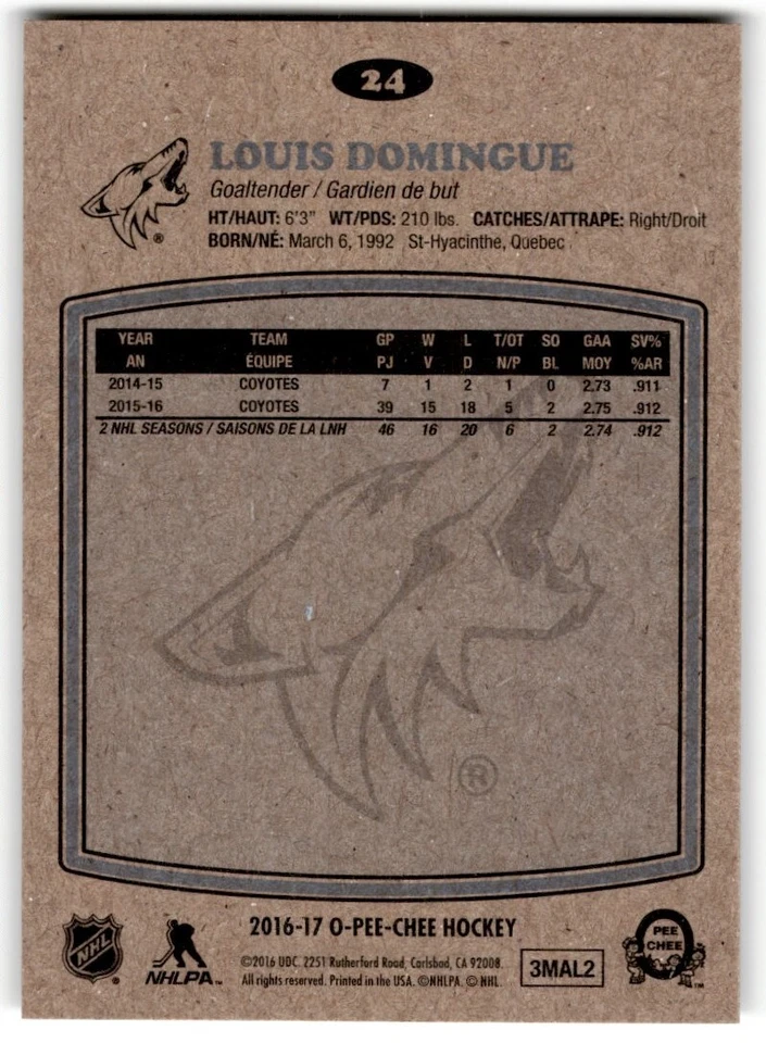 Louis Domingue 2016-17 O-Pee-Chee Retro #24 Arizona Coyotes - Image 2 of 2