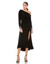 Mac Duggal Black One-Shoulder Long Sleeve Jersey Midi Dress Size 10 $358
