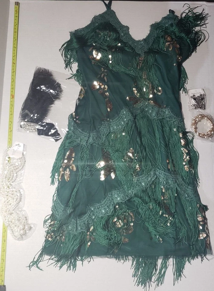 Vestido para mujer pequeño verde dorado lentejuelas flecos aleta joyas y accesorios años 20 Foto 2 de 4