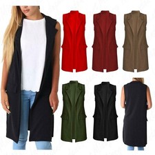 Women's Sleeveless Plus Size Crepe Mock Pocket Long Blazer Waistcoat Jacket Top