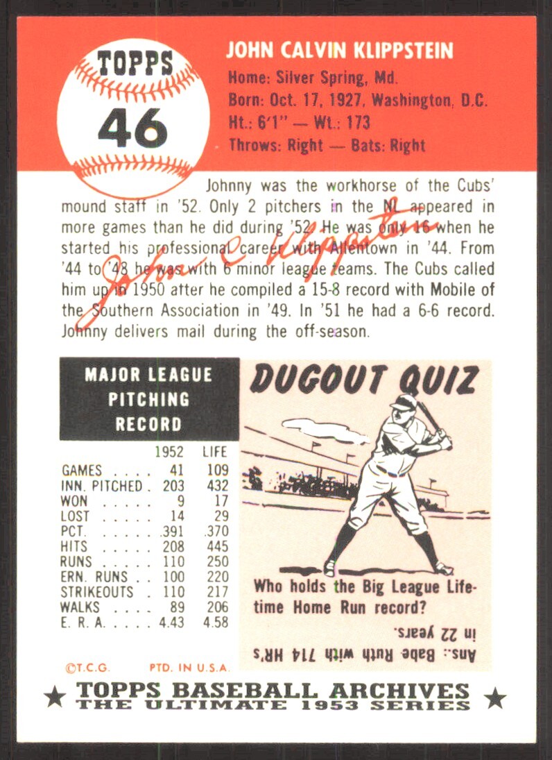 1991 Topps Archives the Ultimate 1953 Reprint Series Johnny