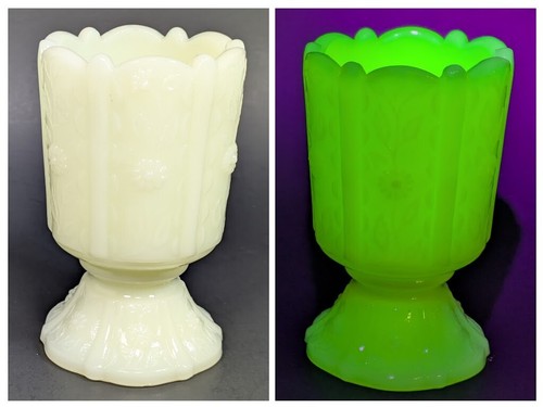 Fenton Pudding Uranglasplatte Gänseblümchenfuß grün leuchtende Kerze Zahnstocher Vintage