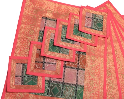 13-tlg. Esstisch Läufer Matte Set Dekor Banarasi Seide Brokat Paisley Mehrfarbig - Bild 3 von 9